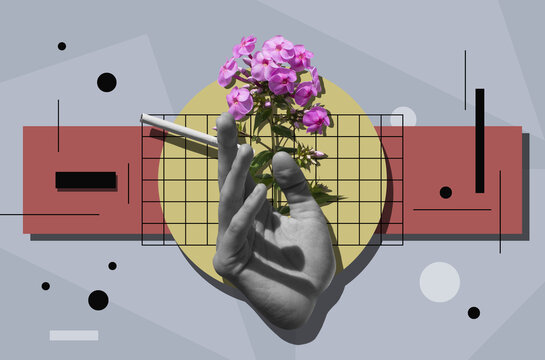 Collage art with a woman's hand holding cigarette and phlox flower