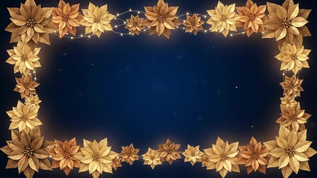 Elegant golden poinsettia flower frame with glowing lights on a dark blue background, perfect for festive holiday designs.