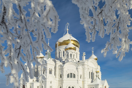 Orthodox Cathedral Framed by Frosted Winter Branches
