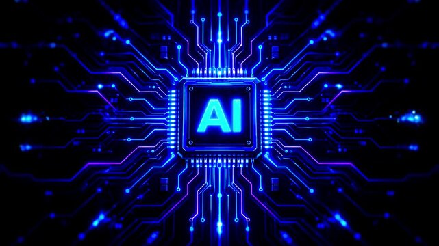 Futuristic central processing unit with glowing blue and purple digital circuitry representing artificial intelligence and modern technology