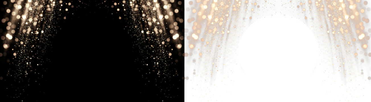 Png golden glitter light rays falling from top corners on black and transparent background