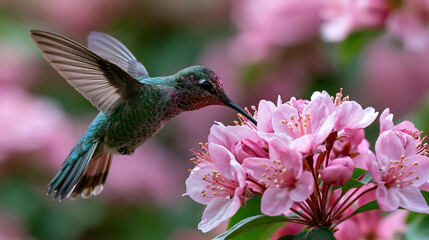 Fototapeta premium beautiful hummingbird hovering near pink flowers feeding on nectar representing wildlife nature beauty spring garden and bird photography concept