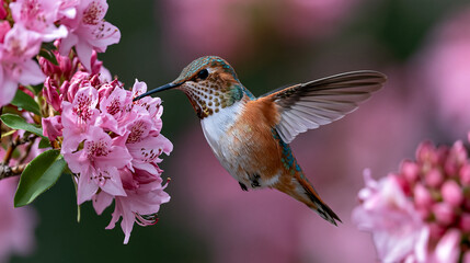 Fototapeta premium beautiful hummingbird hovering near pink flowers feeding on nectar representing wildlife nature beauty spring garden and bird photography concept