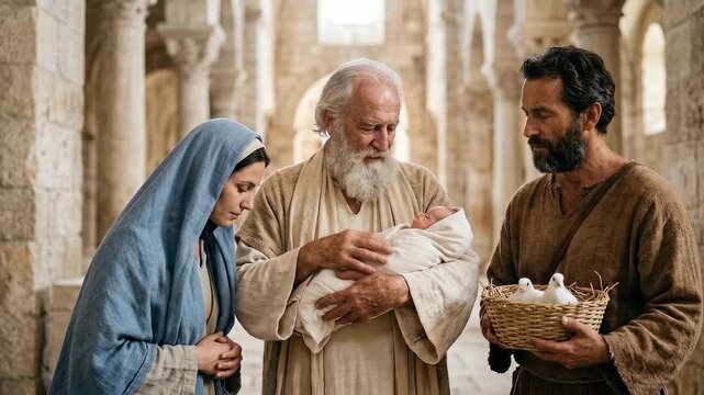 Simeon Holds Baby Jesus Beside Virgin Mary and Saint Joseph During the Temple Presentation in a Sacred Christmas Nativity Scene Symbolizing Faith Hope Devotion Prophecy and Divine Fulfillment