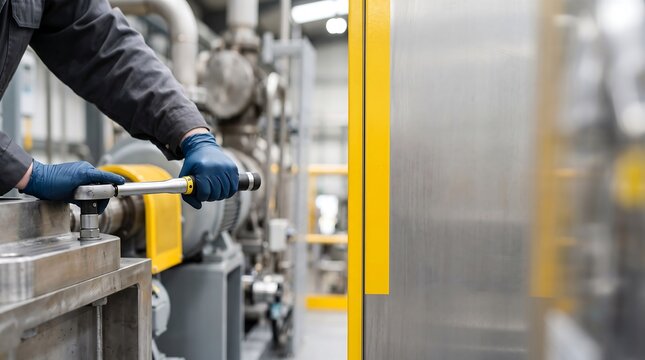 Worker using a torque wrench on industrial machinery