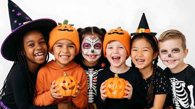 Group of diverse joyful children in colorful Halloween costumes including witch skeleton and pumpkin outfits laughing together against a white background for festive celebration and trick or treat