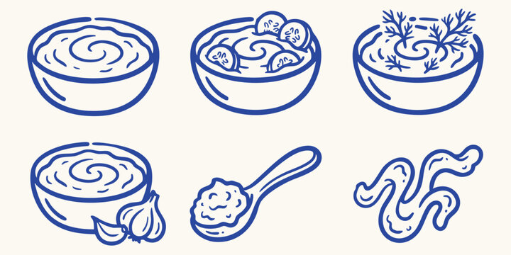 Various dips and sauces in bowls and on spoon with garlic a hand drawn doodle style illustration