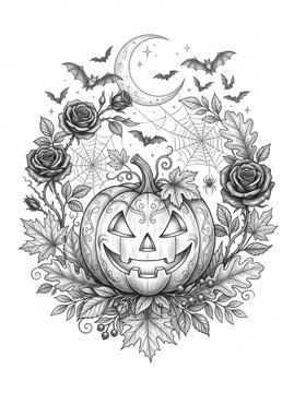 Vintage Floral Halloween Pumpkin Seamless Pattern Vector Illustration with Roses, Leaves, Ornamental Botanical Elements and Retro Decorative Design for Seasonal Background and Wallpaper