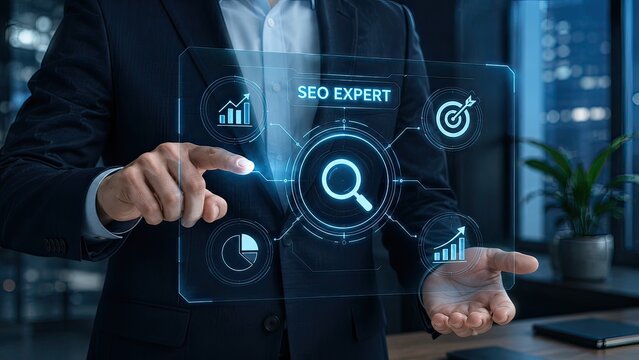 A professional businesswoman is actively using and interacting with a transparent digital interface displaying data analysis and search results in a contemporary office setting