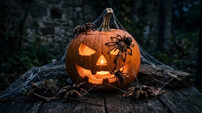 Spooky carved Halloween pumpkin Jack-o-lantern with a glowing candle light inside, covered in realistic spider webs and surrounded by large hairy tarantulas on a rustic wooden table at night.