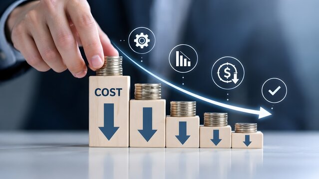 Corporate business executive stacking coins on wooden blocks illustrating cost reduction strategy with futuristic holographic downward trend graph and financial optimization icons for profit growth.