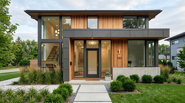 Modern two-story house with wood siding, large glass windows, and a stone walkway