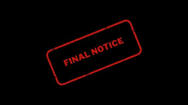Red final notice and past due rubber stamp animation on a black background for financial debt concept.