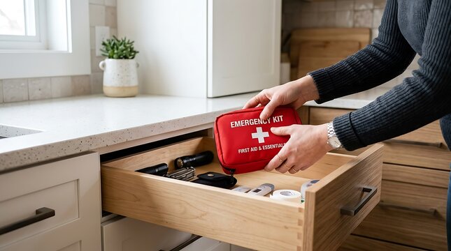 Person placing a red first-aid kit into a kitchen drawer