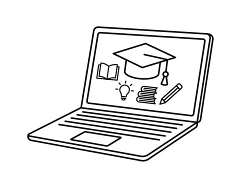Laptop screen with online education e-learning icons graduation cap and books vector line art   