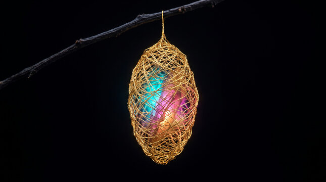 Glowing iridescent chrysalis encased in a golden wire mesh hanging from a branch against black