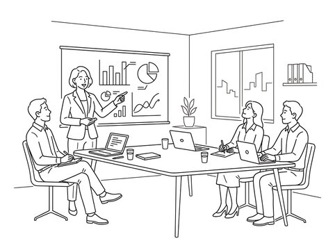 Man attending online video conference meeting with colleagues on laptop vector line art
