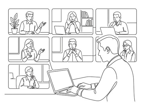 Man attending online video conference meeting with colleagues on laptop vector line art