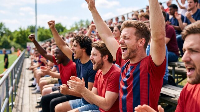 Excited caucasian sports fan cheering with raised arms on bleachers in outdoor stadium. Passionate football supporters clapping and celebrating goal during outdoor sports event.