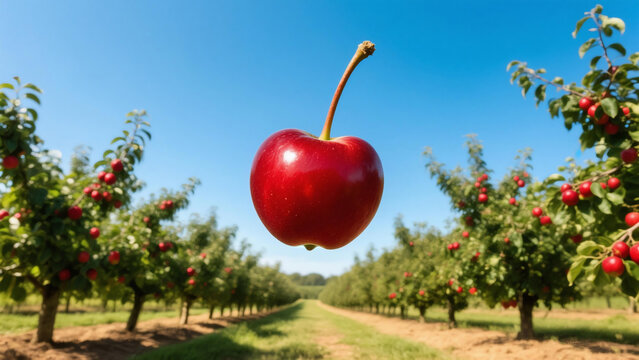Floating Cherry & OrchardRed cherry floating above fruit orchard, fresh farm fruit creative commercial image
