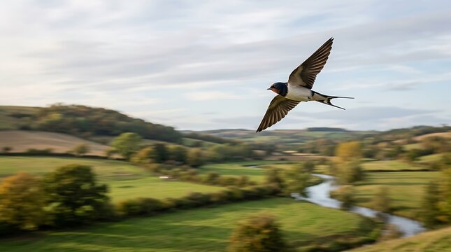 Swallow in mid-flight over rolling green hills, a winding river and autumn-colored trees