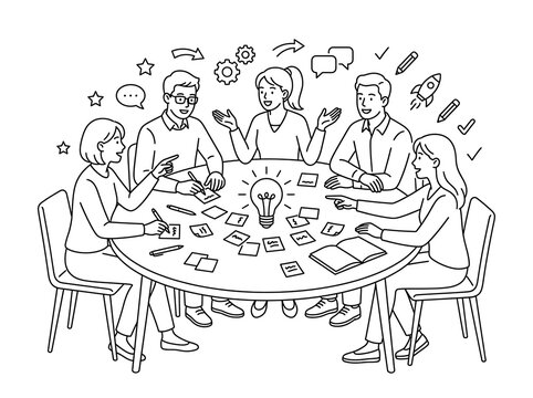 Business people brainstorming ideas with glowing light bulb and strategy planning line art vector illustration