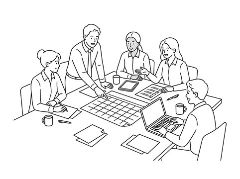 Business people having a meeting brainstorming and planning strategy in the office line art vector illustration