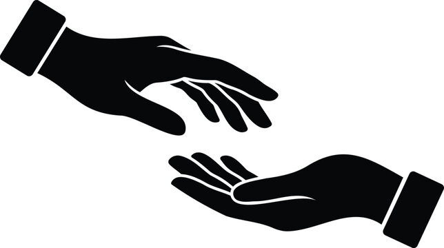 Two hands reaching towards each other silhouette black icon for charity concept design and social support symbols.