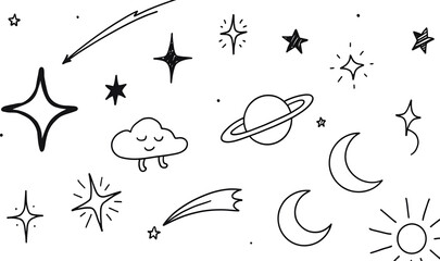 Hand drawn celestial doodle elements with stars moons and planets in a simple line art style © mohhamad