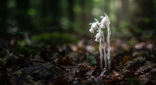 暗い林床にひっそりと咲く純白の寄生植物 &mdash; 神秘的な森の生態系