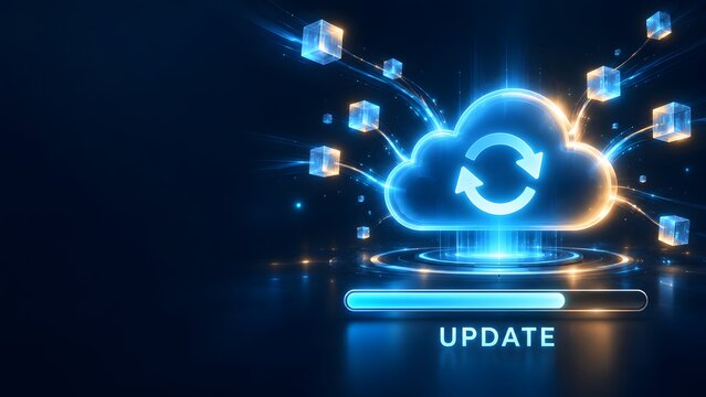 Futuristic cloud computing network interface illustrating a dynamic software update process with data synchronization and secure digital storage migration.