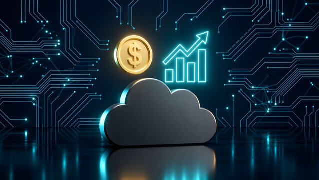 Conceptual visualization of cloud computing infrastructure generating financial growth featuring a rising digital bar chart and gold dollar coin against cyber network circuits.