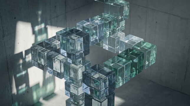 Abstract transparent glass cubes forming impossible geometric floating structure