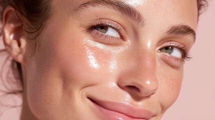 Obraz premium Glowing hydrated cheek skin macro soft luminous glow natural complexion close up smiling young woman