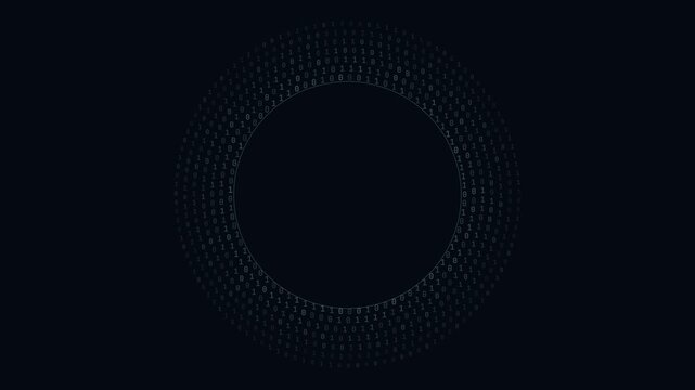 Abstract radial data halo with binary code numbers looping on a dark background for data science concepts.