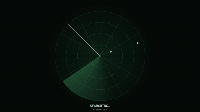 Green digital radar signal screen with sweep animation searching for targets on a dark background.