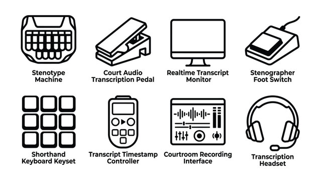 Court Transcription Tools: A collection of nine icons representing various equipment used in court transcription, including a stenotype machine, audio transcription pedal, monitor, foot switch.