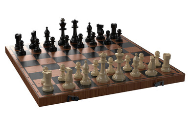 Chess pieces on the board in the starting position. Isolated. Transparent background. 3D Rendering.  © igor.nayda