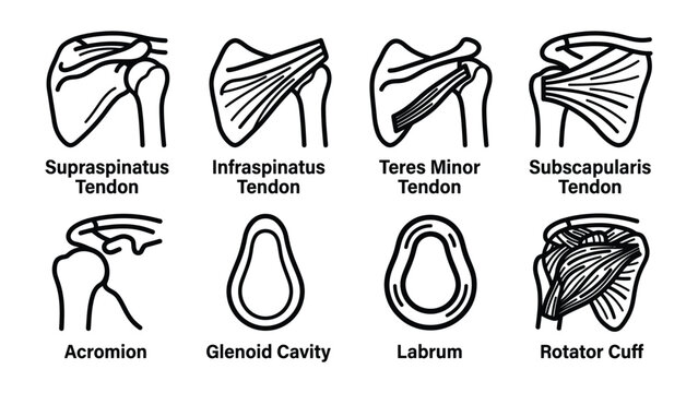 Anatomy of the Shoulder Rotator Cuff: This detailed medical illustration displays the anatomy of the human shoulder, highlighting the supraspinatus, infraspinatus, teres minor.