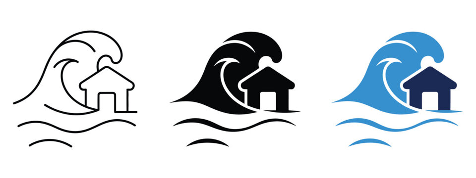 Tsunami, disaster symbols with tidal waves, hurricanes, storms, emergency alerts, flood hazards, evacuation warnings, safety concepts, and vector graphics.