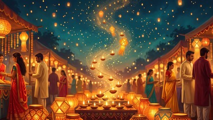 Fototapeta premium Diwali Night Market Glowing with Diyas – Festive Indian Celebration.