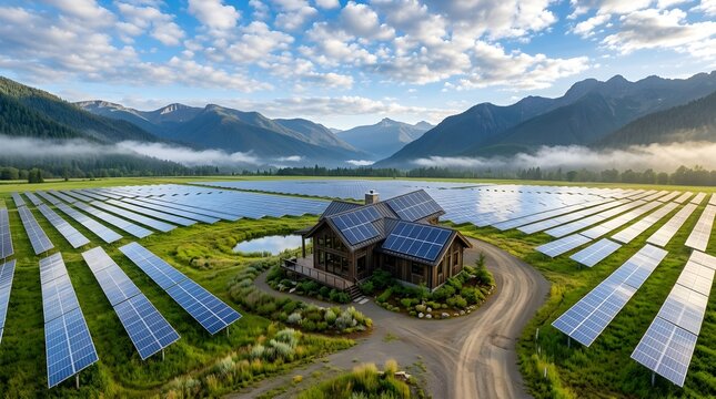 Aerial view of a modern eco friendly wooden house with solar panels on the roof surrounded by a large solar farm in a mountain valley, clean renewable energy and off-grid living concept.