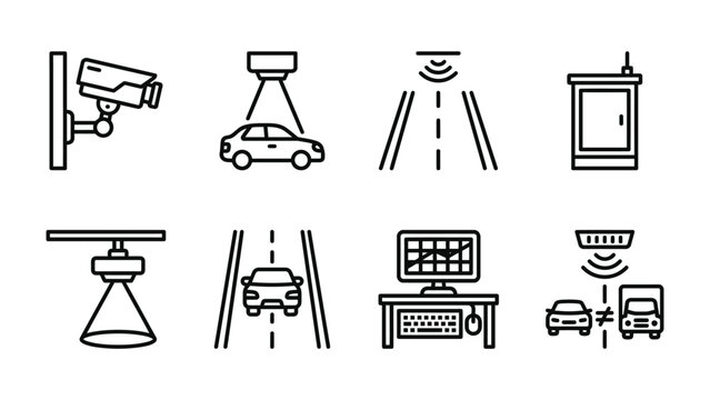 Road Surveillance Icons: A collection of line art icons depicting various road surveillance technologies, including security cameras, speed cameras, traffic monitoring systems.