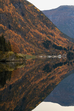 Sognefjord autumn panorama &ndash; majestic mountains reflection in Norway