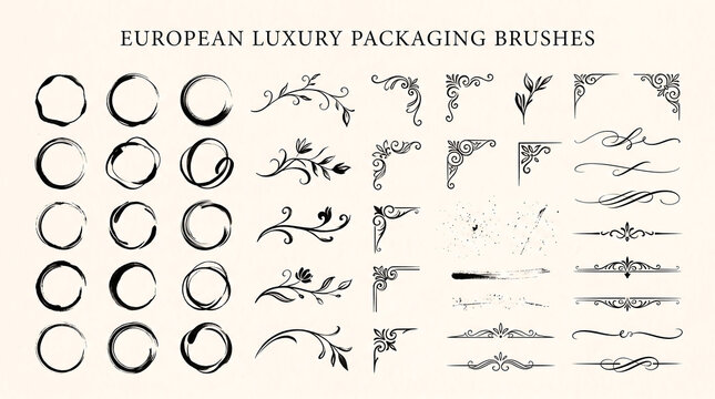 Elegant Monochrome European Ink Brush Ornament Set for Luxury Packaging Design