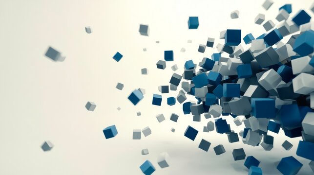 Blue cubes float against soft white background