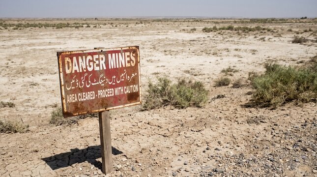 Safety sign posted in cleared minefield area, warning of danger in harsh terrain