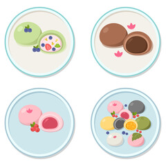 Fototapeta premium Plated Japanese Mochi Dessert Collection Featuring Fruit Parfait Chocolate Peach and Assorted Platter