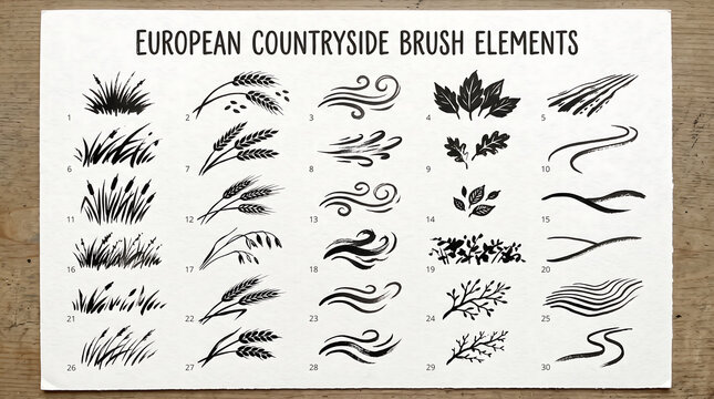 Hand Drawn Monochrome European Countryside Nature Brush Elements Set
