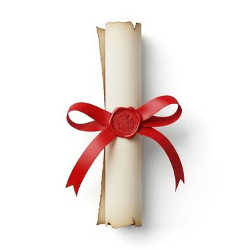 Old parchment scroll tied with a red ribbon isolated on white background